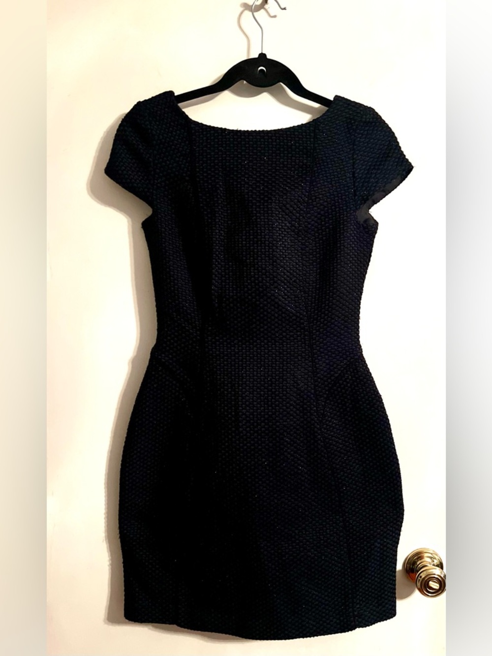 SFERRA Black/Blue Textured Cap-Sleeve Sheath Dress-Size Small